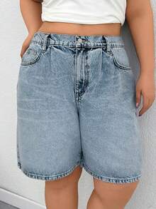 SHEIN Cottnline Pleated High Waist Woman's Plus Size Denim Short Washed Brown Casual Style Button Front - Medium Wash - View 3