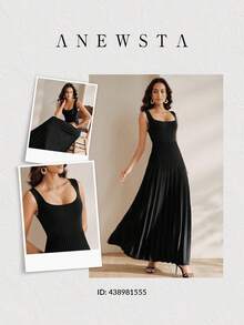Anewsta Essential 夏季優雅純色低領露背百褶針織洋裝女款 - 黑色 - 查看 8