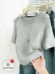 SHEIN 女士纯色简约日常长袖圆领针织上衣 - 灰色 - 查看 3