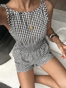 Lucivie 女款優雅休閒棕色與白色格紋兩件套，無袖綁帶式抽褶腰部荷葉邊上衣與短褲，適合夏季度假、女性夏季穿搭、海灘穿搭、音樂節、生日派對及拍照拍攝 - 黑色 - 查看 9