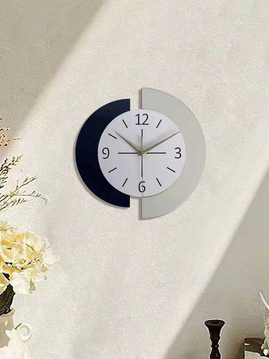 1PC Semi-Circular Splicing Clock, Modern Simple And Personalized Creative Splicing, Home Decoration Wall Clock. Silent Clock With No Ticking Sound. - black and white - View 1