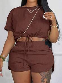 Slaydiva Slayr Plus Casual Solid Color Fitted Drawstring Split Hem Women's Plus Size Two Pieces Set, Outfits, Set, Summer, Two Pieces - Brown - View 6