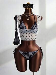Elavelle Women's Spring/Summer Mesh Random Print Halter Neck Cover-Up 3-Piece Bikini Set - Multicolor - View 2