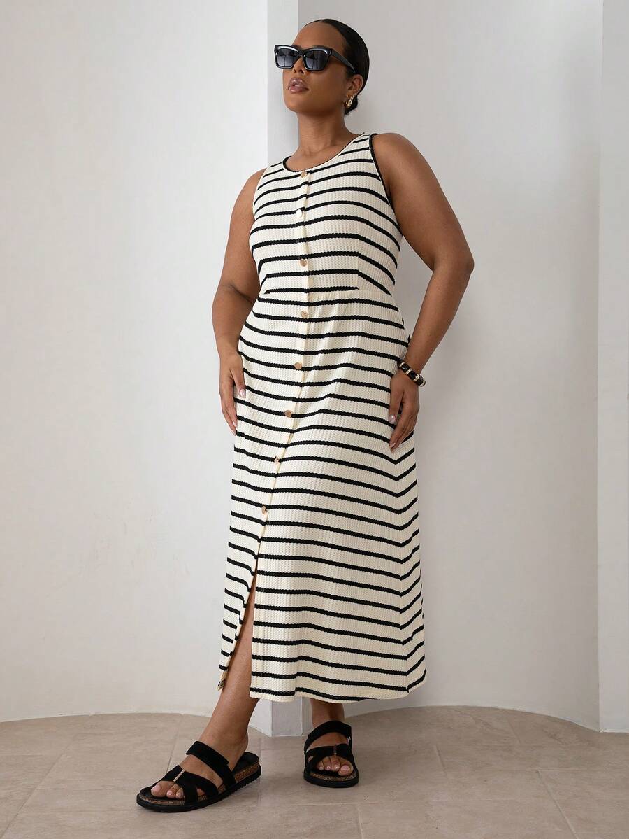 ELLERISSA Plus Size White & Black Stripe Round Neck Sleeveless Front Button Waffle Knit Midi Dress - Black and White - View 1