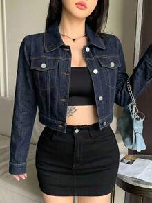 DAZY 女款秋季 Y2K 寬鬆休閒街頭風長袖牛仔夾克，大口袋設計 - 中等水洗藍 - 查看 7