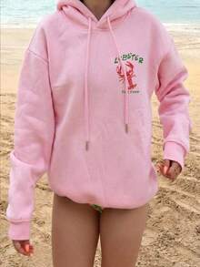 SHEIN EZwear 寬鬆長袖抽繩加厚女款運動衫，街頭風，適合日常通勤、約會、聚會，秋冬/夏季，聖誕節、新年、感恩節、派對、婚禮、海灘、畢業，優雅休閒外出穿搭 - 淺粉色 - 查看 3