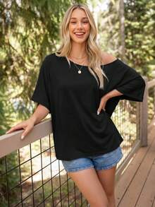Coeurva Women Black T-Shirt Asymmetric Neck Relaxed Fit Solid Color Back To School Campus Charming Attractive Spring Dinner Fitted Downtown Casual - Black - View 4