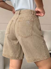 Dazy Plus Khaki Back Pocket Bow Embroidery Straight Leg Knee Length Denim Shorts Spring/Summer Back-To-School Date Night Hiking Casual - Camel - View 5