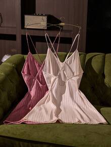 SilkySpell Two-Tone Faux Acetate Hollow Stripe Spaghetti Strap Criss-Cross Back Sexy Nightgown - Multicolor - View 2
