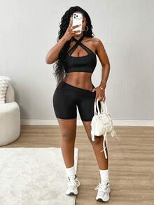 SHEIN BamGlam Women's Solid Color Criss-Cross Design Cropped Halter Neck Sports Tank Top - Black - View 5