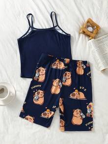 Teen Girls Royal Blue Cute Capybara Print Camisole Top And All-Over Capybara Print Shorts Set Pajamas Tight Homewear - Royal Blue - View 2