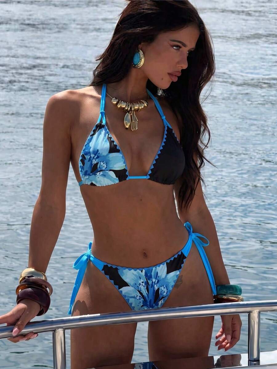Swim Vcay 女款時尚花卉印花貝殼刺繡掛脖綁帶性感比基尼兩件式泳衣套裝 - 藍色 - 查看 1