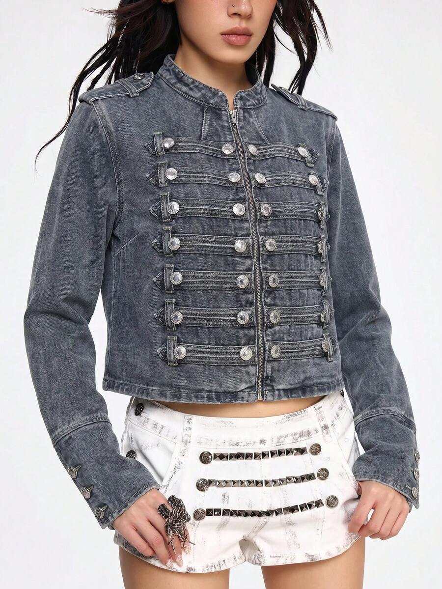 ROMWE Grunge Punk Chaqueta ligera de denim lavado desgastado con hebilla de metal vintage estilo náutico punk - Azul - Ver 1