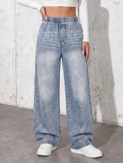 SHEIN Girls' Denim Long Pants, All-Season, Fashion Casual Style, Vintage Medium Wash Blue, Elastic Waist Design, Contrast Pocket Detail, Fashionable , Straight Leg Loose Fit, Premium Cotton Denim Fabric Comfortable And Skin-Friendly, Versatile Everyday Fashion Style, Suitable For Vacation And Outdoor Wear, New Girls' Denim Long Pants