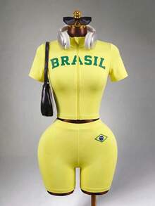 Mistrie Ensemble de sport athleisure pour femmes avec top court à col montant imprimé de lettres et short, vert et jaune, pour l'entraînement et la gym en été - Jaune citron - Voir 3