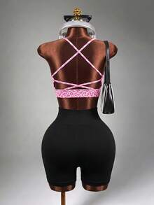 Mistrie 1pc Women's Criss-Cross Racerback Sports Bra,Pink Leopard Print,Summer,Sexsy,Gym Cheetah Print Yoga Running Sports Bra - Hot Pink - View 2