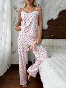 CottageSlumber Women's All-Season Knit Ribbed Heart Print Lace Trim Sweet Sexy Fashion Camisole & Long Pants Set, Can Be Worn Outdoors - Red and White - View 5