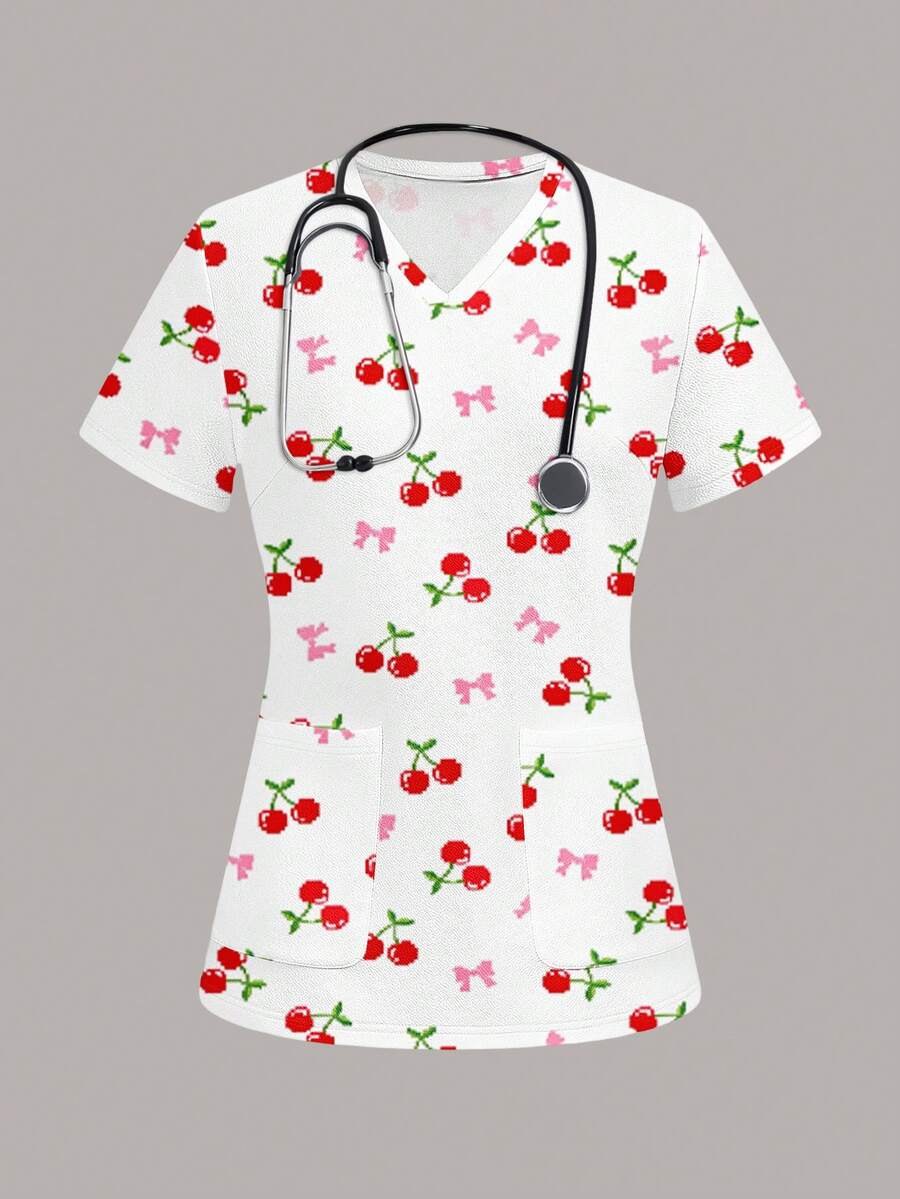 PopScrub Women's Scrub Top, Cherry Bow Print Pattern, Suitable For Work Commute, Pet Hospital - Multicolor - View 1