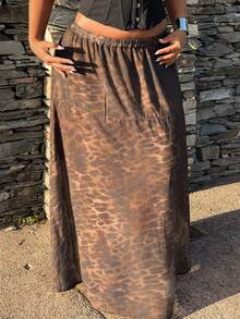 Dazy Plus Falda larga recta de gasa con estampado de leopardo, cintura elástica, estilo versátil para playa, vacaciones y formal, falda marrón para mujer talla grande, casual bohemio de otoño - Marrón - Ver 2
