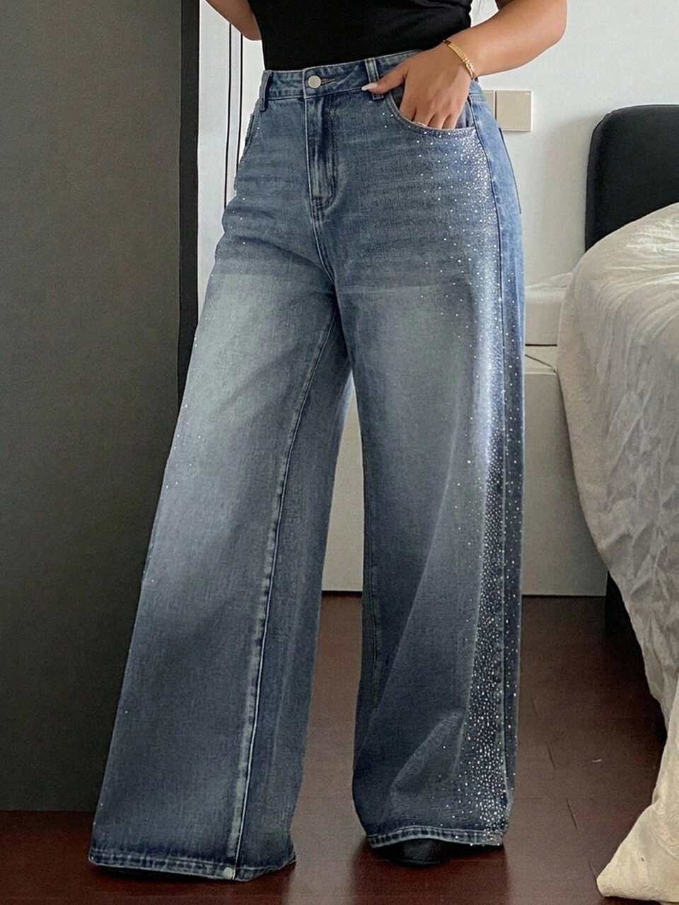 Dazy Plus Western Cowboy Distressed Washed Faded Rhinestone Decor Casual Vacation Summer Wide Leg Jeans All Season