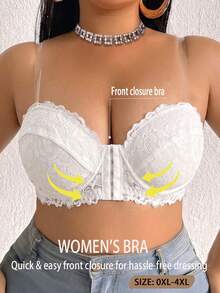 SHEIN 1件大尺碼蕾絲前扣鋼圈無肩帶胸罩 - 白色 - 查看 5