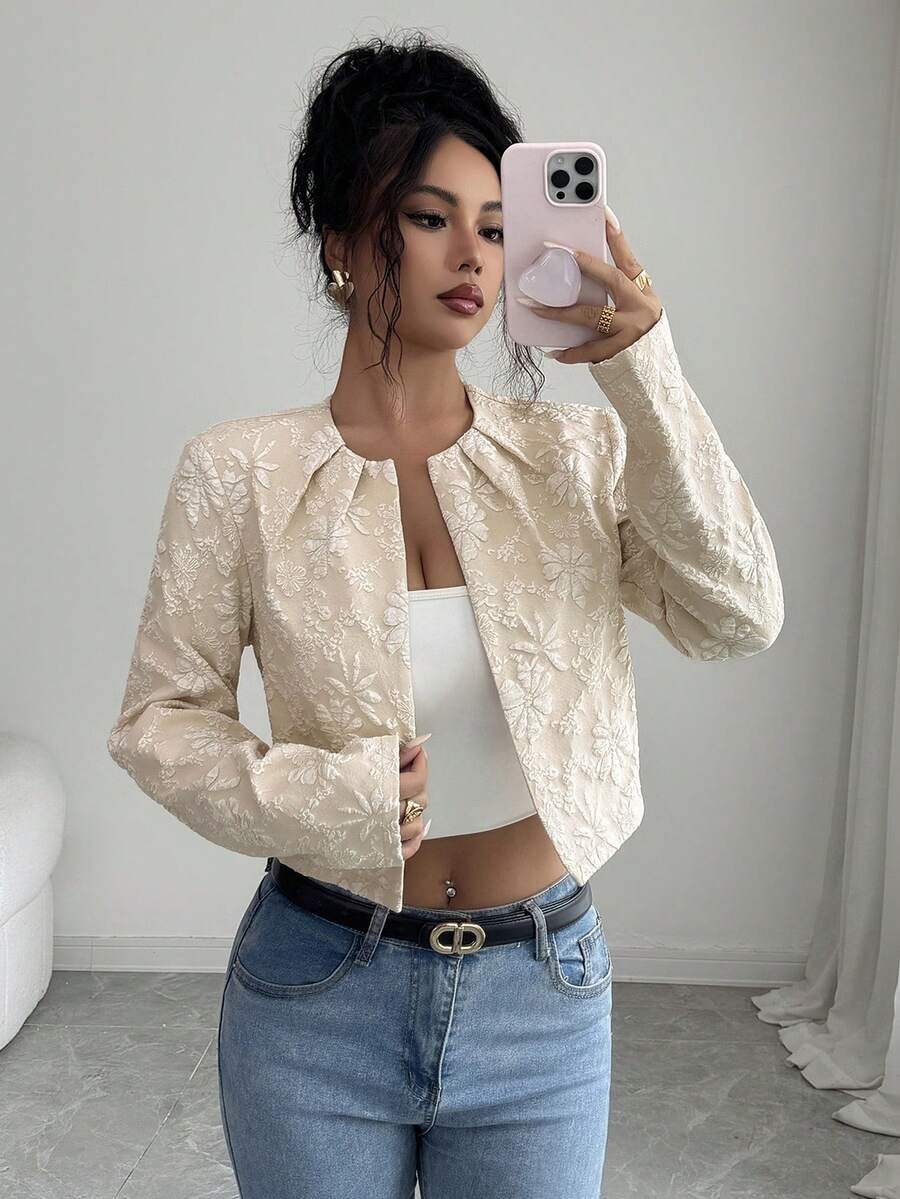 Elenzga جاكيت نسائي بتصميم فرنسي بسيط بلون موحد وأكمام طويلة مع تجاعيد، بقصة ضيقة وأنيقة للمناسبات العملية والكاجوال - لون مشمشي - مشاهدة 1