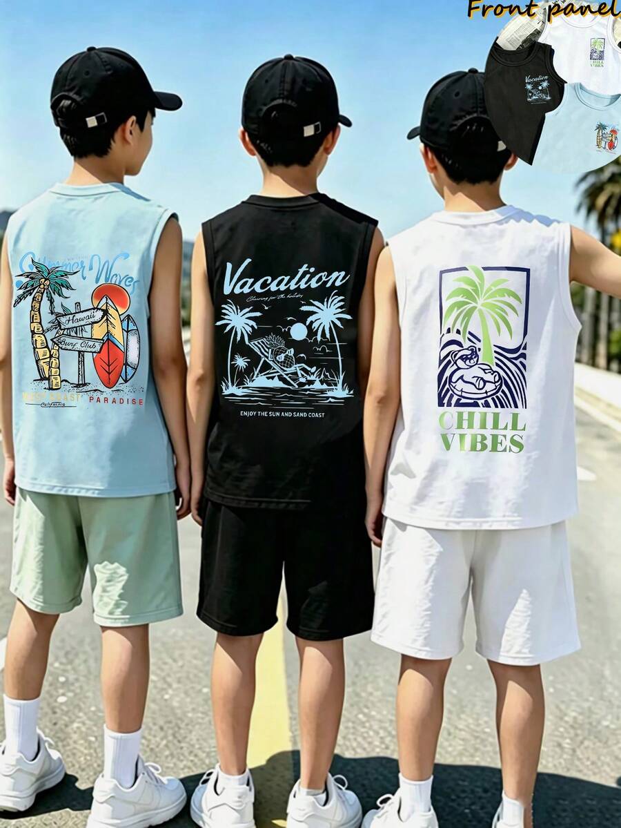 SHEIN 青少年男孩3件套度假風圖案印花背心,春夏休閒舒適時尚,適合外出、戶外運動、野餐、街拍、禮物、日常穿著 - 彩色 - View 1
