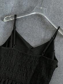 SHEIN Franclia 優雅休閒度假夏季女裝，可調式肩帶鬆緊腰女款洋裝，女款黃色洋裝，女款優雅晚禮服，夏季度假穿搭，優雅浪漫穿搭，優雅派對穿搭，奢華晚裝，優雅女款禮服，戶外通勤穿搭職場商務辦公約會，女款淺黃色細肩帶洋裝 - 黑色 - 查看 6