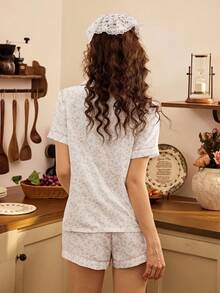 Romantic Ditsy Floral Lapel Short Sleeve Shorts Pajama Set - Baby Pink - View 2