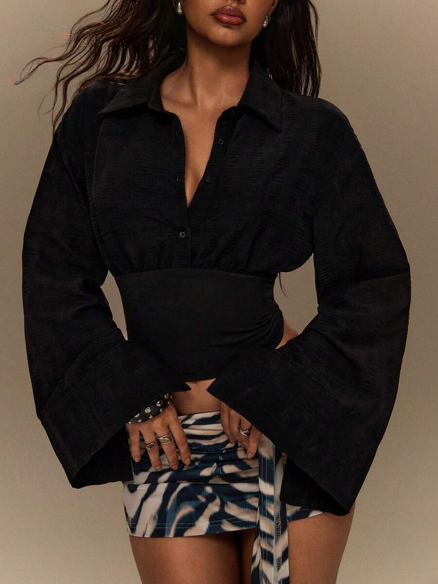 TypaGal Women's Solid Color Button Half-Placket Textured Waist-Cinched Long Sleeve Top Night Black Autumn Sexy
