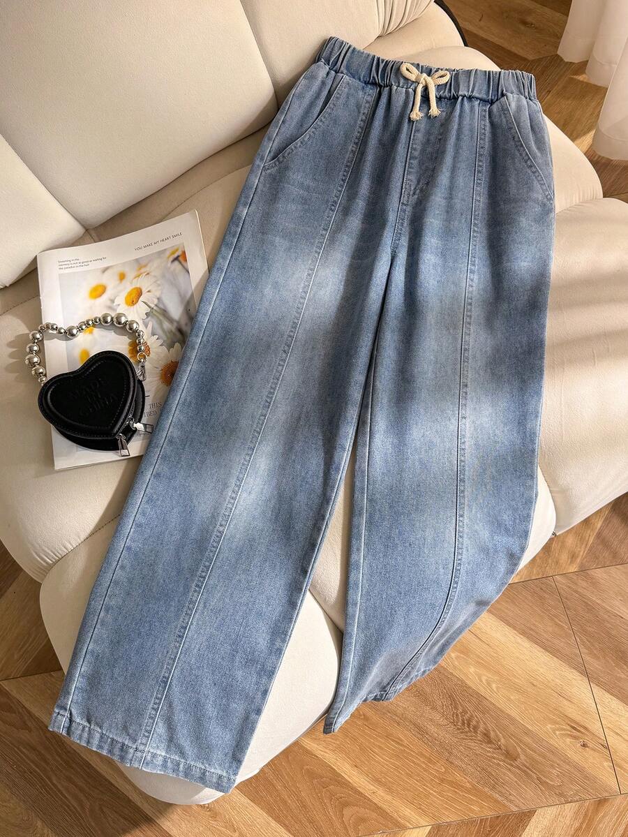 SHEIN 女童夏季棉質水洗多功能時尚休閒舒適寬鬆彈性腰藍色水洗牛仔長褲 - 藍色 - 查看 1