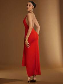 Hauture Vestido de metal dorado con cuello halter, fruncido, bajo de sirena, espalda abierta y fajín - Rojo - Ver 6