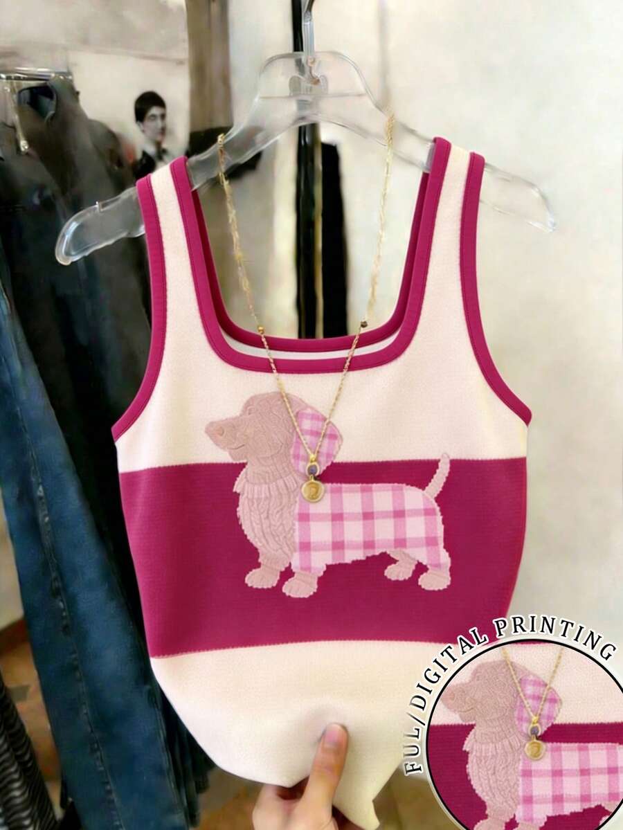 SHEIN 畅销款红色条纹狗狗印花修身女式背心 - 紅色 - 查看 1