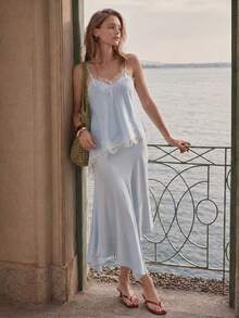 Briarwyn Canottiera da donna con patchwork in pizzo e orlo asimmetrico, top fashion - celeste - Visualizzare 3