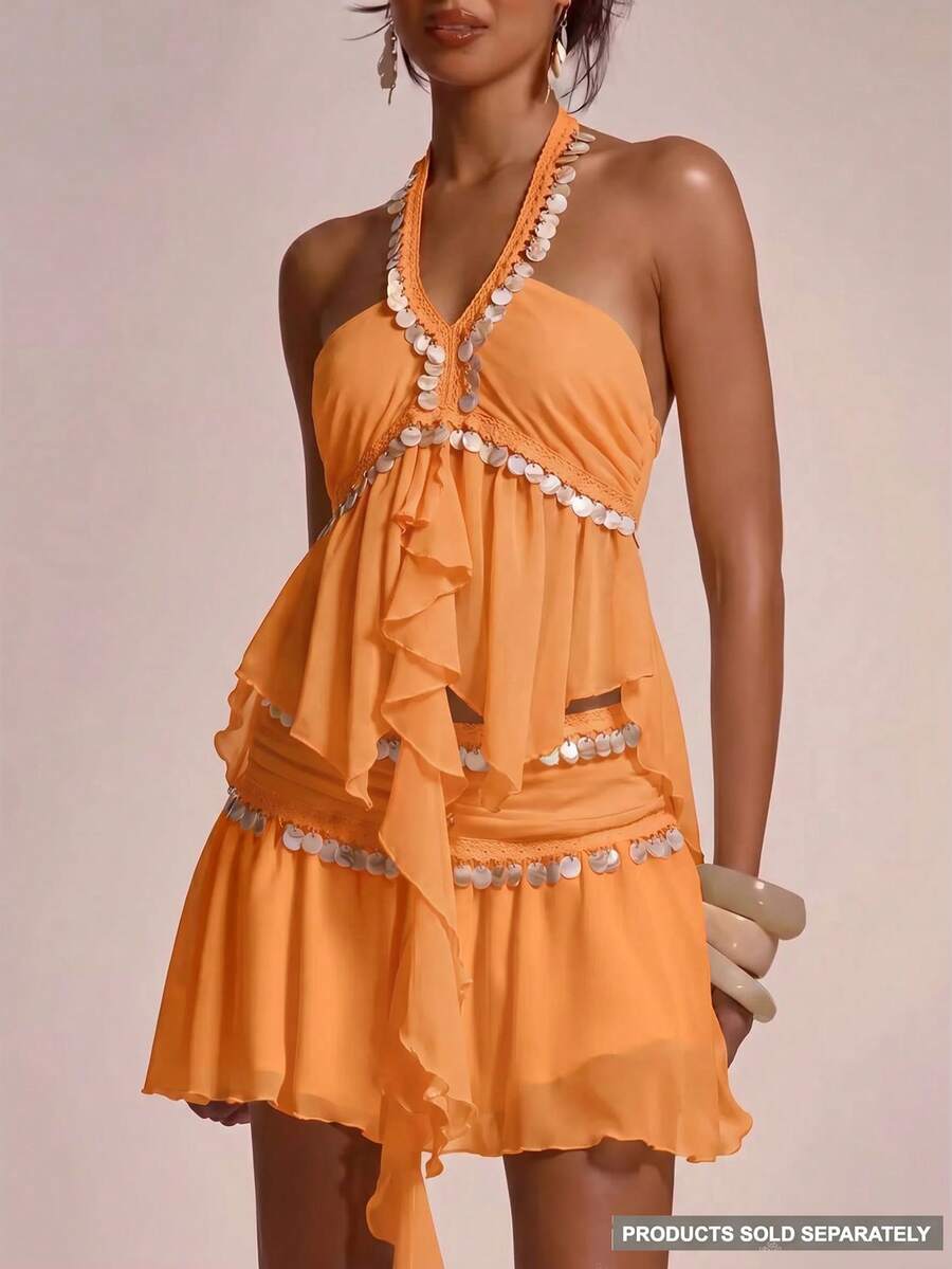 MUSERA Top Coord con cuello halter, drapeado, volantes, fluido y adornado con conchas, solo el top - Naranja - Ver 1