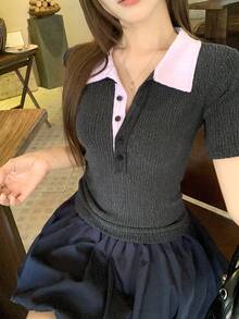 DAZY 女款純色圓領修身短袖內搭T恤 - 灰色 - 查看 4