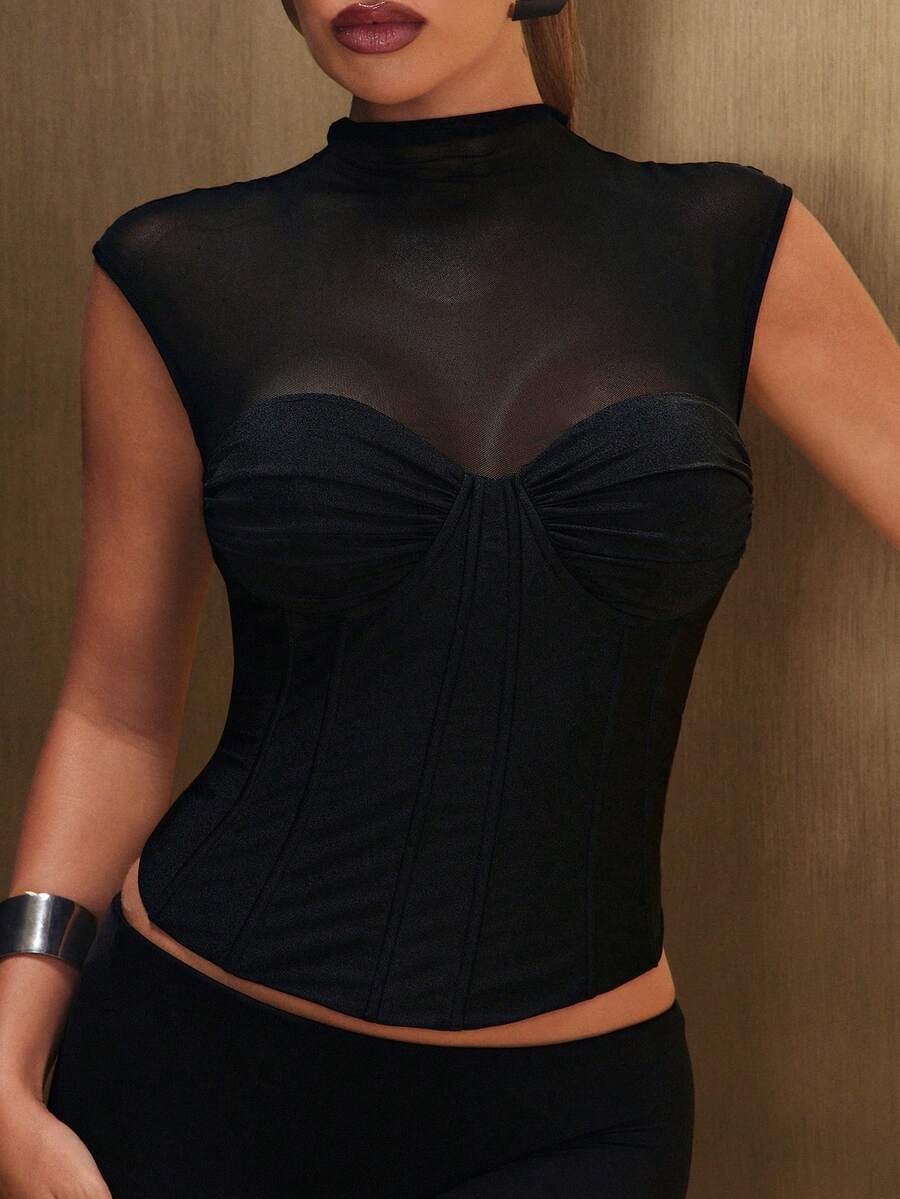 Hauture Women's Sexy Party Corset Bustier Mesh Fitted Bodice Top, Holiday Party, Concerts, Summer Parties, Cocktail Hours, Going Out, Date Nights - Black - View 1
