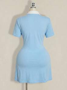 SHEIN ICON Women's Plus Size Polo Collar Light Blue Contrast Mini Dress Back-To-School Graduation Summer 90s - Baby Blue - View 2