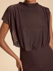 Travachic Women's Solid Color Stand Collar Mermaid Hem Elegant Long Dress Vacation Dark Brown Summer - Brown - View 9