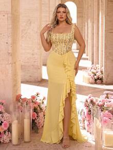 Glamrae Plus Size Elegant Luxurious Yellow Embroidered Sequin Lace Patchwork Satin Off-Shoulder Hanging Sleeve Sheer Sexy Mermaid Skirt With Slit And Side Drape, Suitable For Wedding, Event, Bachelorette Party, Vacation, Prom, Evening Gown (Heavy Work Style) - Yellow - View 6