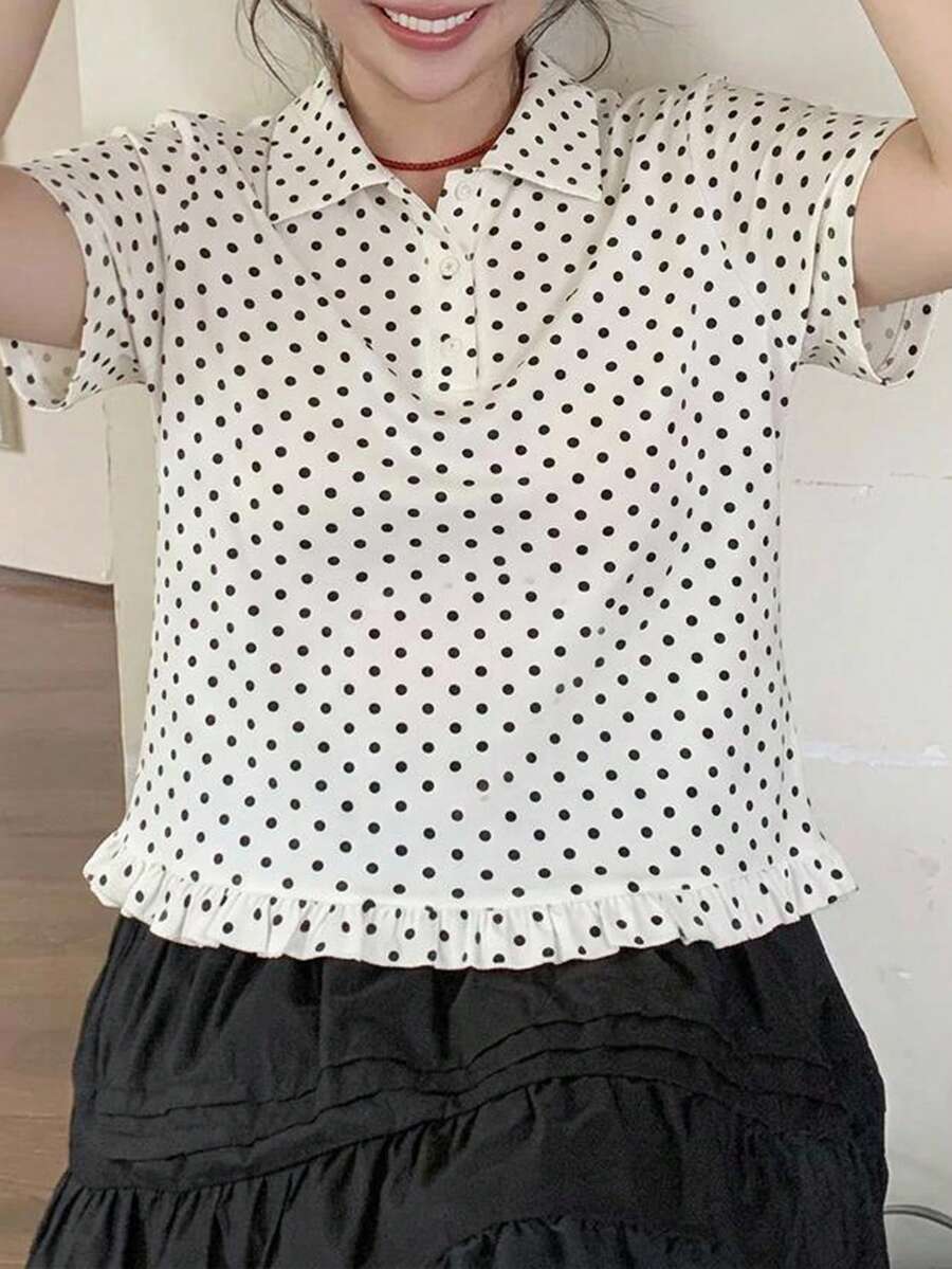 Dazy Plus 韓系時尚波點滿版印花短袖 Polo 衫,黑色大尺碼女款春夏季 T-shirt 可愛上衣 - 杏色 - 查看 1