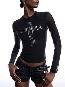LYSMO Camiseta de moda para mujer con patrón de cruz, cuello redondo y manga larga, blusa casual para otoño, ropa atractiva y sexy, top elegante para salir - Negro - Ver 7