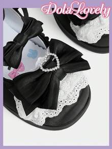 Dola Lovely Women's Shoes, Black, Satin Texture, Stylish Sweet Bow Embellished Lace High Heel Mary Jane - Black + Satin - View 6