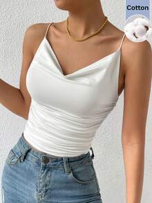 SHEIN BAE 女款白色針織純色可追溯棉質面料大領口背心 - 白色 - 查看 1