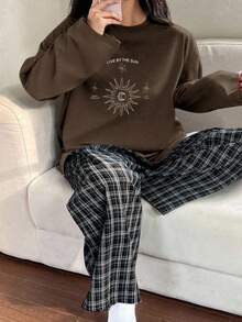 Dazy Plus 两件套印花宽松圆领长袖上衣和格子裤睡衣套装 - 棕色 - 查看 6