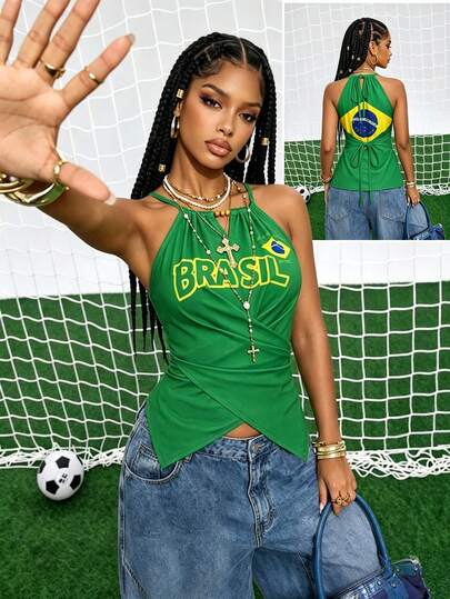 Selianne Damen Sommer elegantes Pendler Casual bedrucktes Muster ärmellos Neckholder Schleife Ausschnitt Holzperlen Dekoration asymmetrischer Saum Taille Kreuz Bindung Design figurbetont schlankmachend Taillen-Einschnürung Tanktop