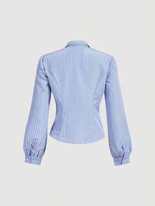 SHEIN MOD 女款藍白條紋領結裝飾襯衫 - 藍白色 - 查看 3