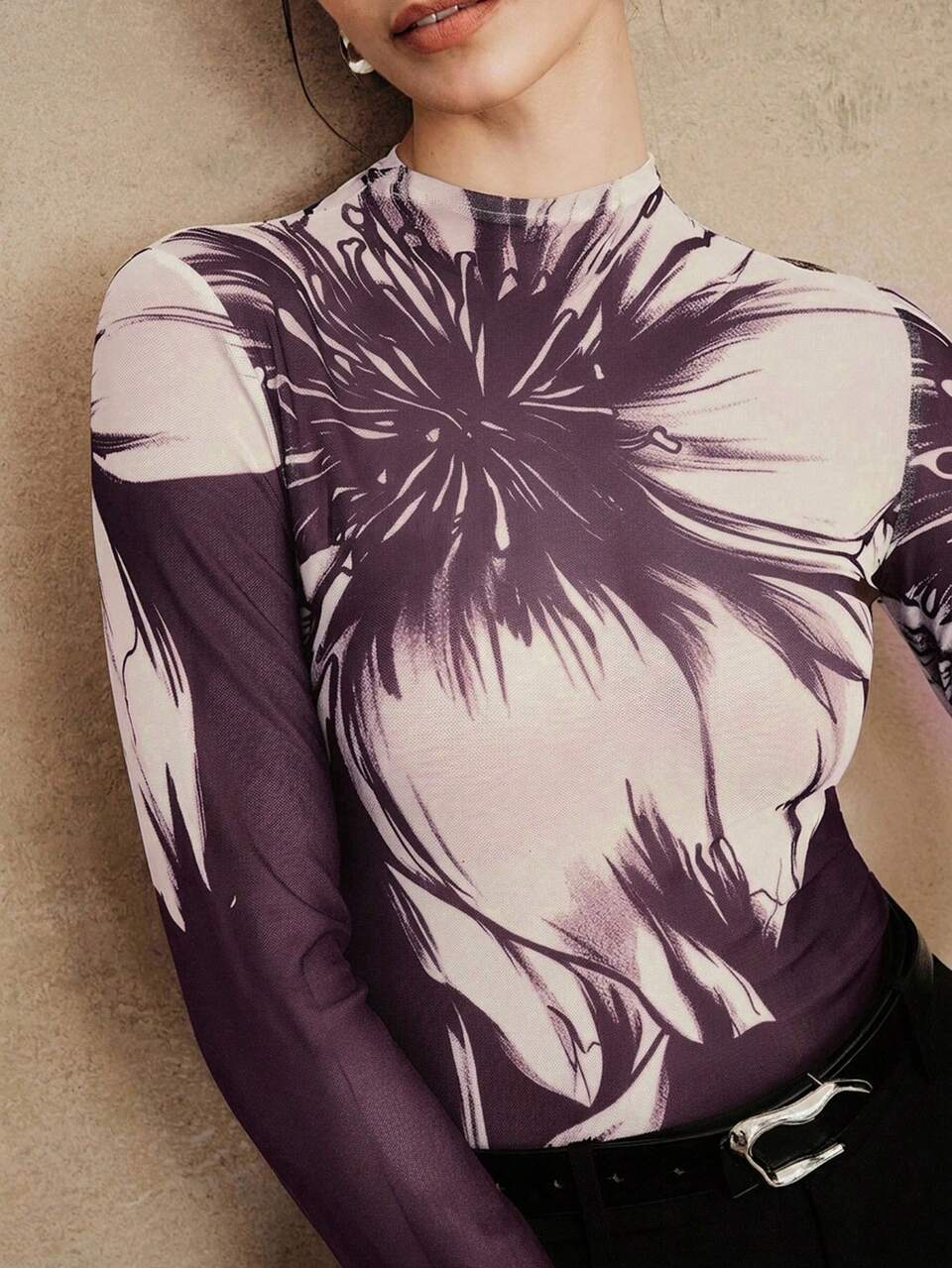 Anewsta Elegant Elegant Slim Fit Semi-High Neck Coffee Brown T-Shirt Women Long Sleeve Premium Vintage Print Mesh Base Layer Top