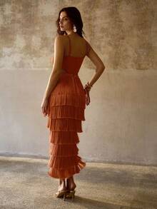 MOTF PREMIUM ELEGANT STRAPLESS DRESS WITH METAL DECOR, HOLLOW WAIST & TASSEL FLOWY HEM , VACATION COVER-UP - Orange - View 3