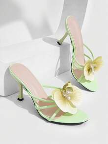 CUCCOO SZL Damen-Sandalen mit 3D-Perlenblume, dünnem Absatz und runder Zehenpartie, hellgrünes PU-Leder, sexy modische High-Heel-Slipper für Urlaub und Party - hellgrün 1 - Übersicht 1